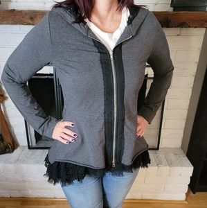 Johnny Was 4 Love and Liberty Grey Hoodie with Ruffle Hem, Size M